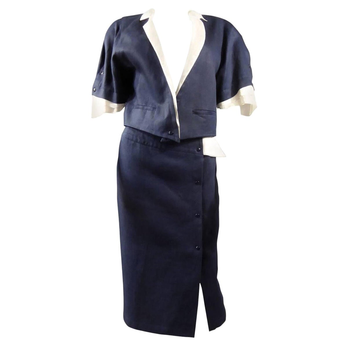 A Navy & White Organza Skirt Suit by Claude Montana - French Circa 1980 For Sale