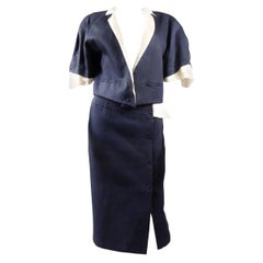 Vintage A Navy & White Organza Skirt Suit by Claude Montana - French Circa 1980