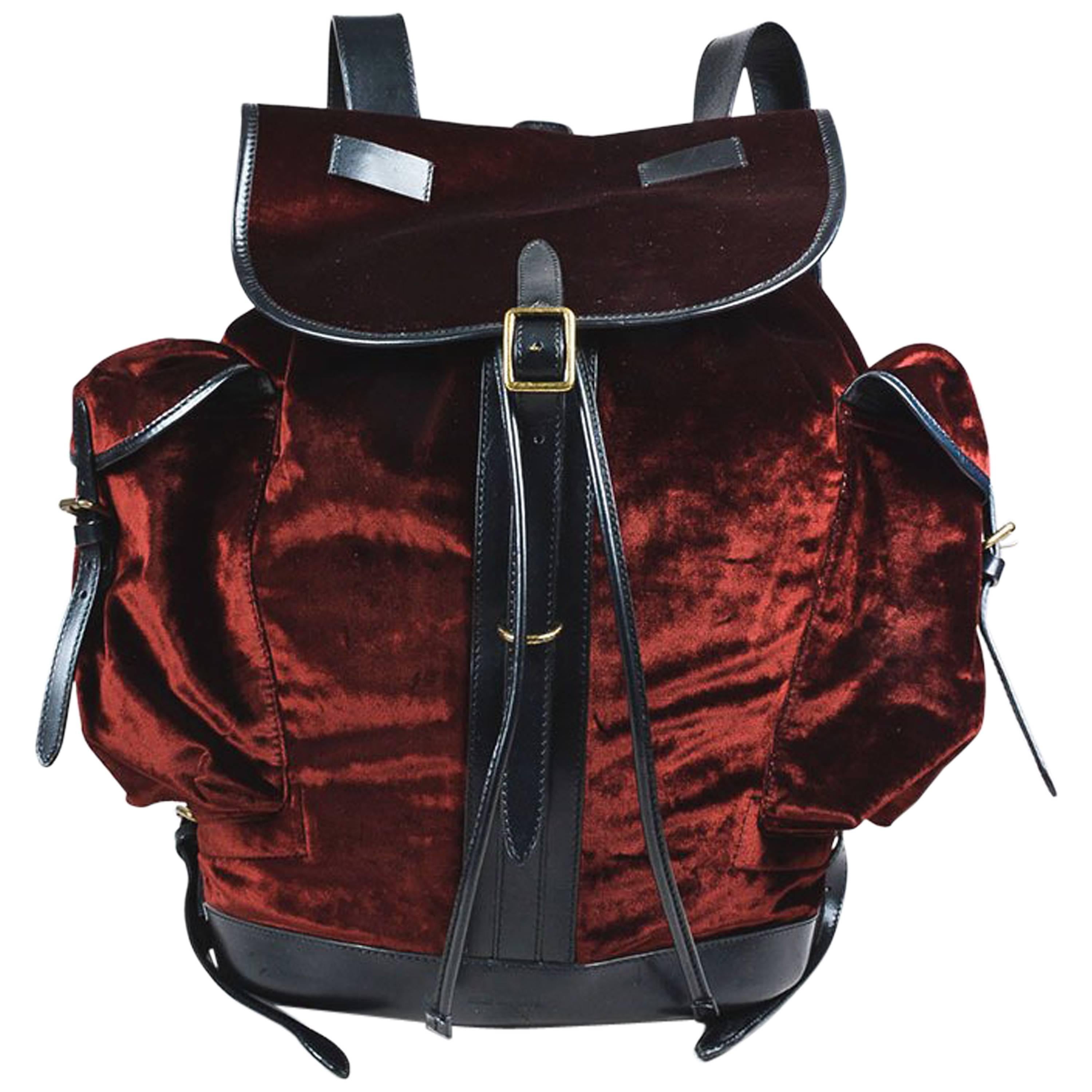 Dries Van Noten NWT Burgundy Black Velvet Leather Trim Drawstring Backpack Bag For Sale