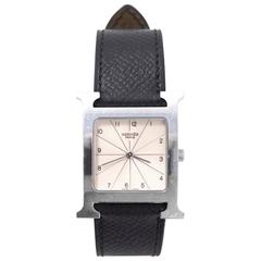 Hermes Black Leather/ Stainless Heure Hour H GM Watch with Box