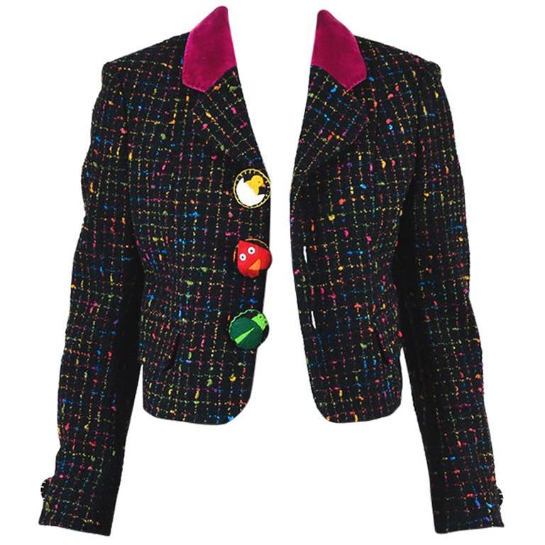 Moschino Cheap and Chic Black Multicolor Virgin Wool Tweed Boucle Jacket SZ 6 For Sale