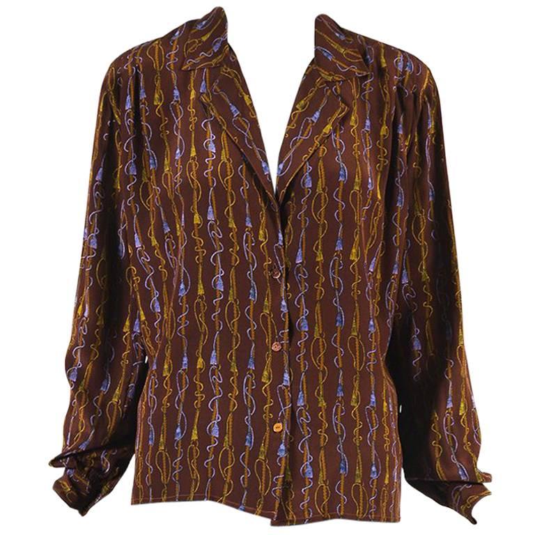 Vintage Gucci Brown Purple Yellow Silk Tassel Print LS Button Up Blouse SZ 42 For Sale