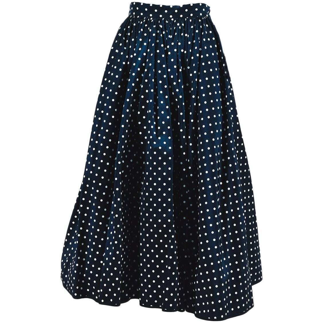 Vintage Valentino Night Blue & White Polka Dot Full Midi Skirt SZ 6 For Sale