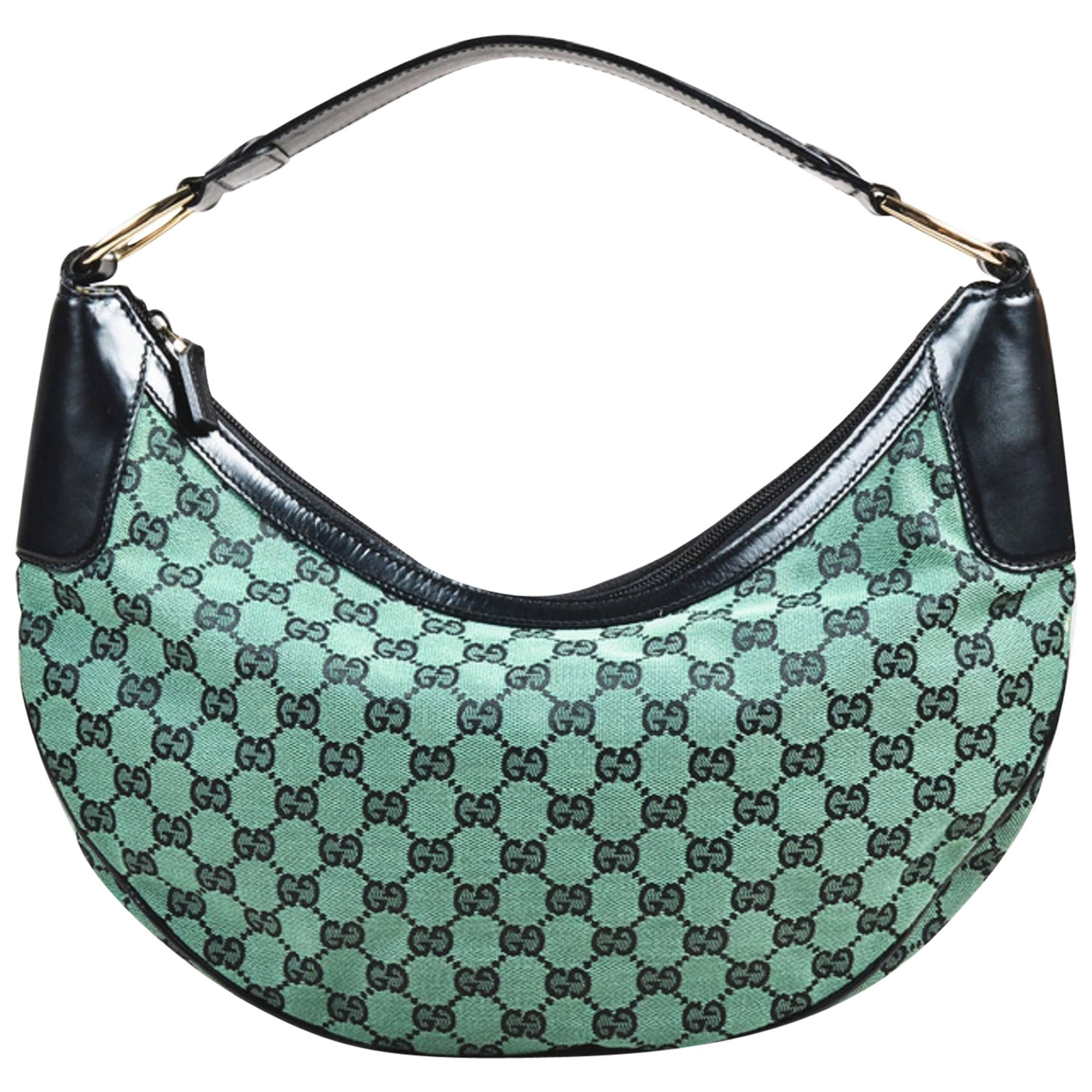 Gucci Green Black Monogram Canvas Leather Round Zip Top Shoulder Bag For Sale