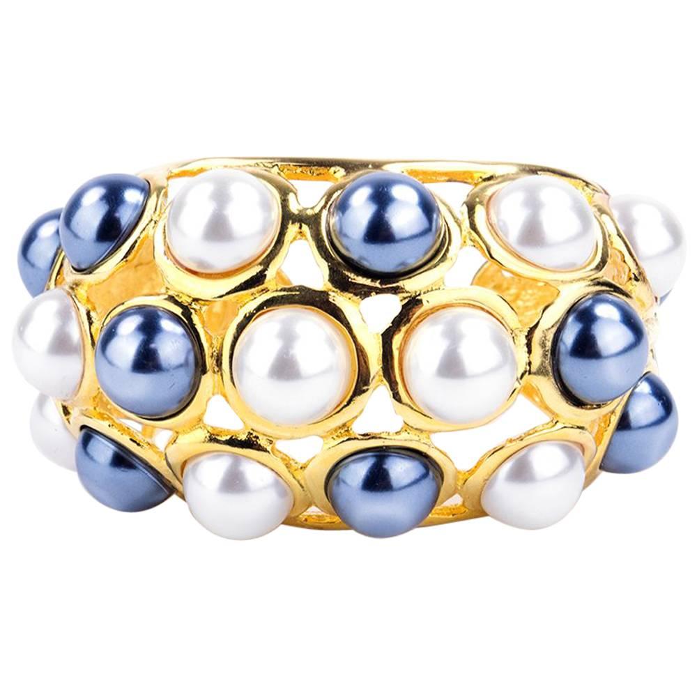 Kenneth Jay Lane Wide 2 Tone Faux Pearl Encrusted Cuff  For Sale