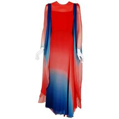 Arnold Scaasi Couture Ombre Chiffon Long-Sleeve Illusion Gown and Vest Cape, 70s