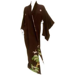 Vintage Exotic Japanese Black Crepe Kimono ca 1940s