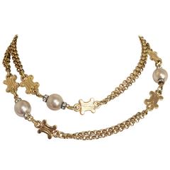 Vintage Celine golden necklace with macadam logo charm, faux pearls, and crystal