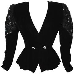 Vintage 1980s Black Velvet Jacket with Sheer Ribbon Gigot Sleeves Size M Zum Zum 10