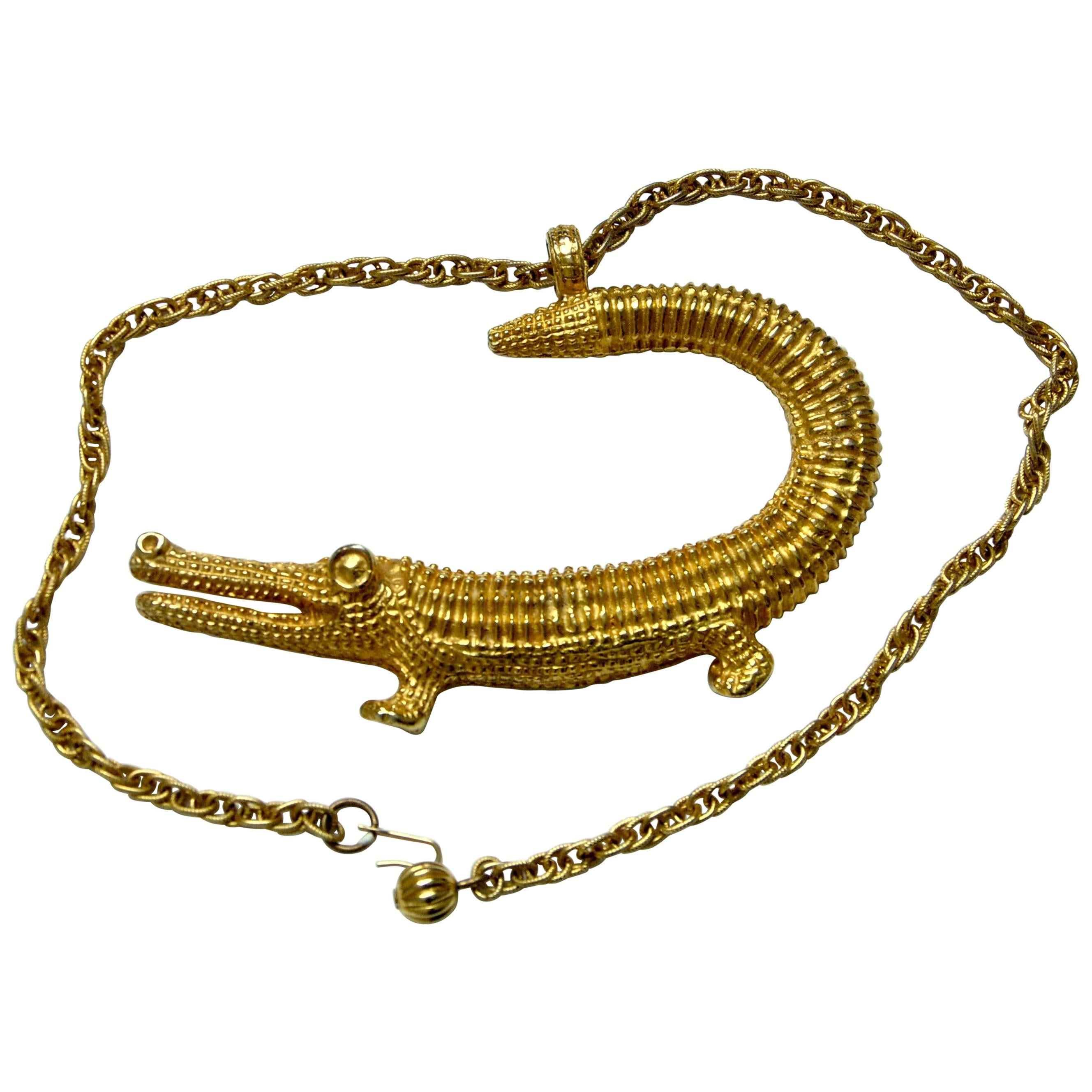 Kenneth Lane Figural Choker Necklace Gold Metal Alligator or Crocodile 1980s