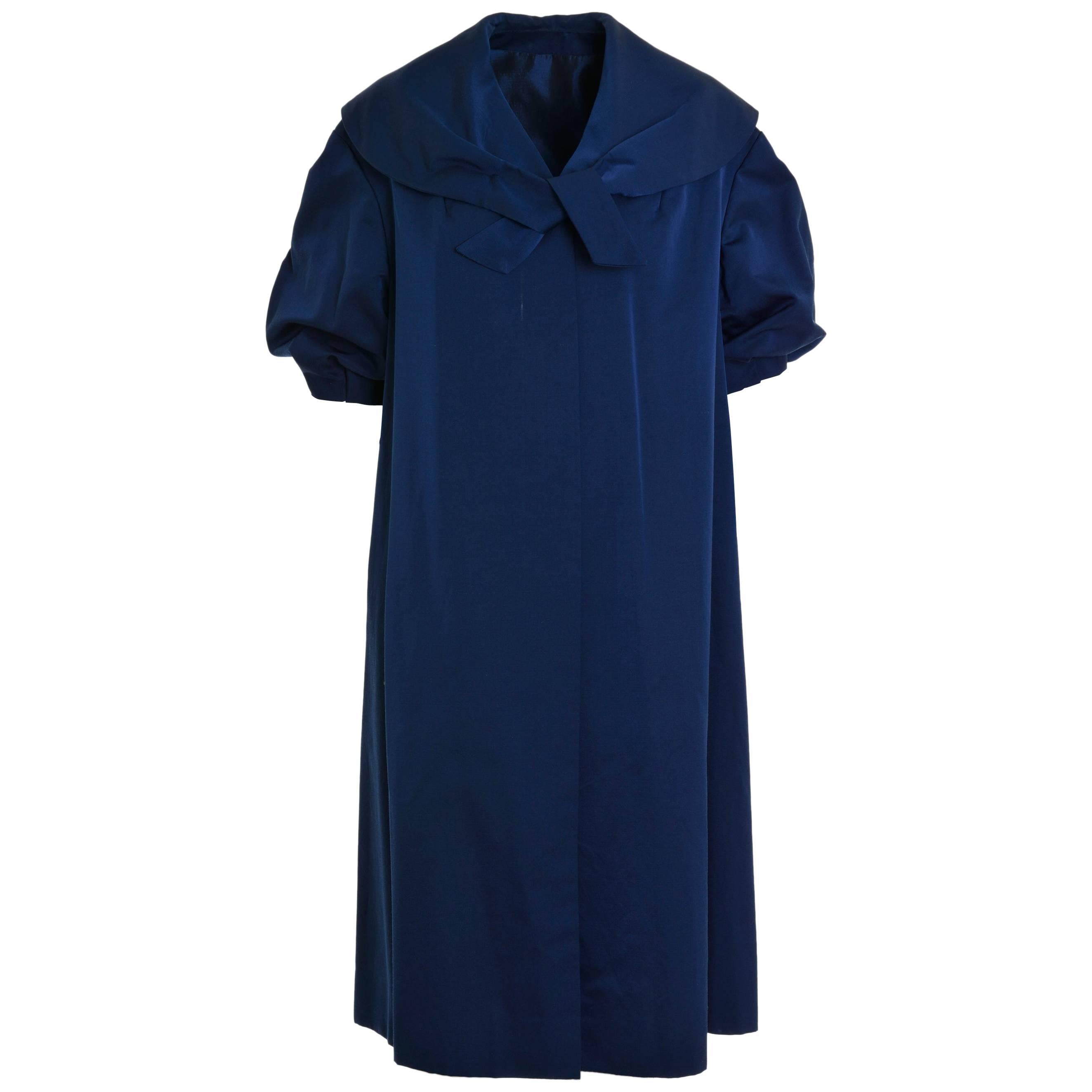 1950s Vintage Blue Satin Evening Overcoat  For Sale