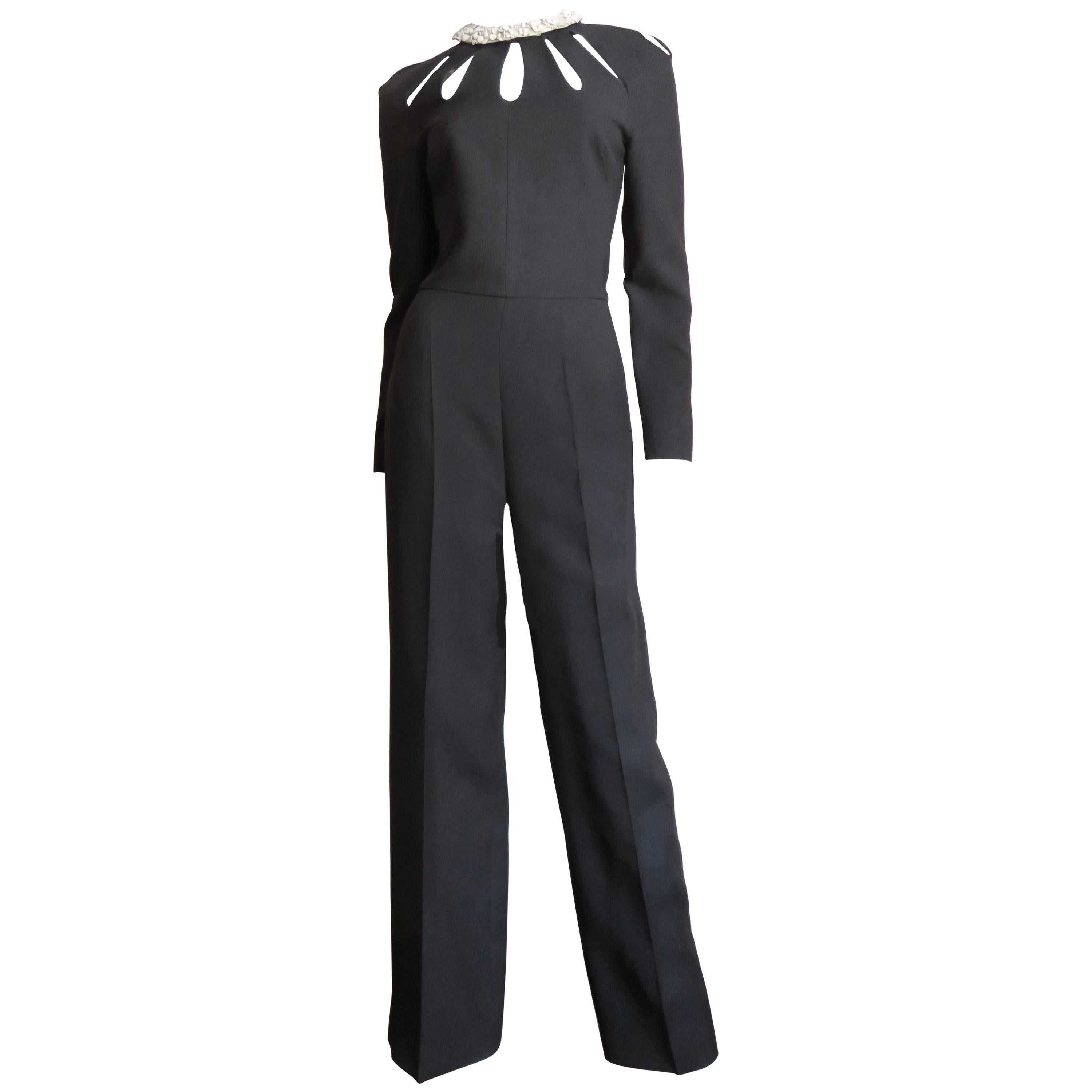 Valentino Silk Jumpsuit with Cutouts and Detachable Leather Flower Collar