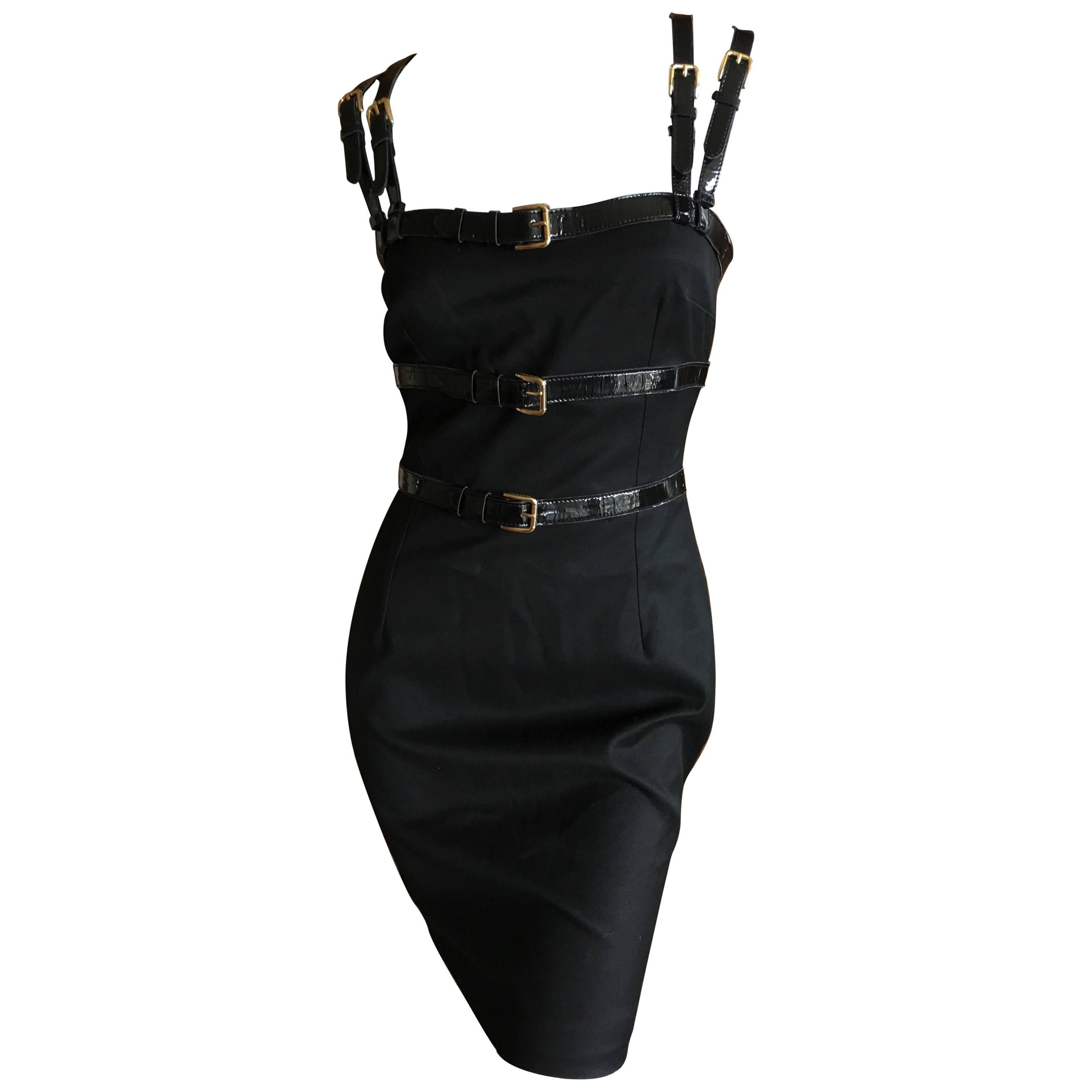 Dolce & Gabbana Vintage Patent Leather Trim Bondage Strap Little Black Dress For Sale