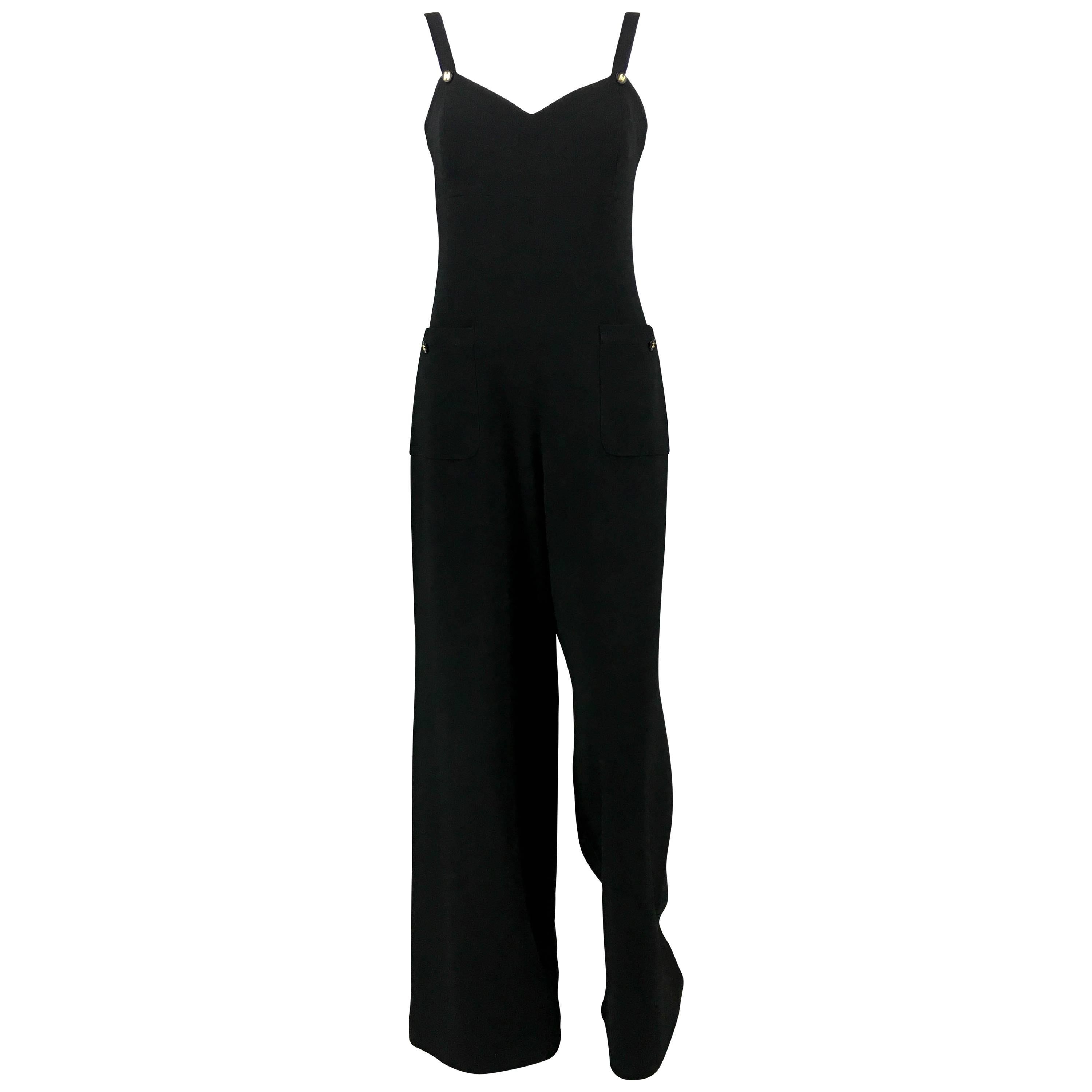 1995 Chanel Dungaree-Style Black Wool Jumpsuit
