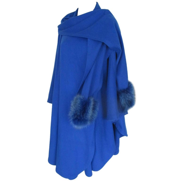 Louis Feraud Royal Blue Cashmere Fox Fur cape For Sale at 1stDibs