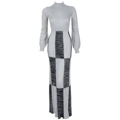 1972 Missoni Metallic Silver & Black Graphic Silk Knit Billow-Sleeve Maxi Dress
