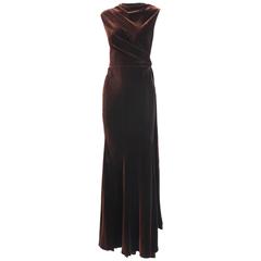 Azzedine Alaia Haute Couture Sleeveless Brown Silk Velvet Evening Gown Ca.1990