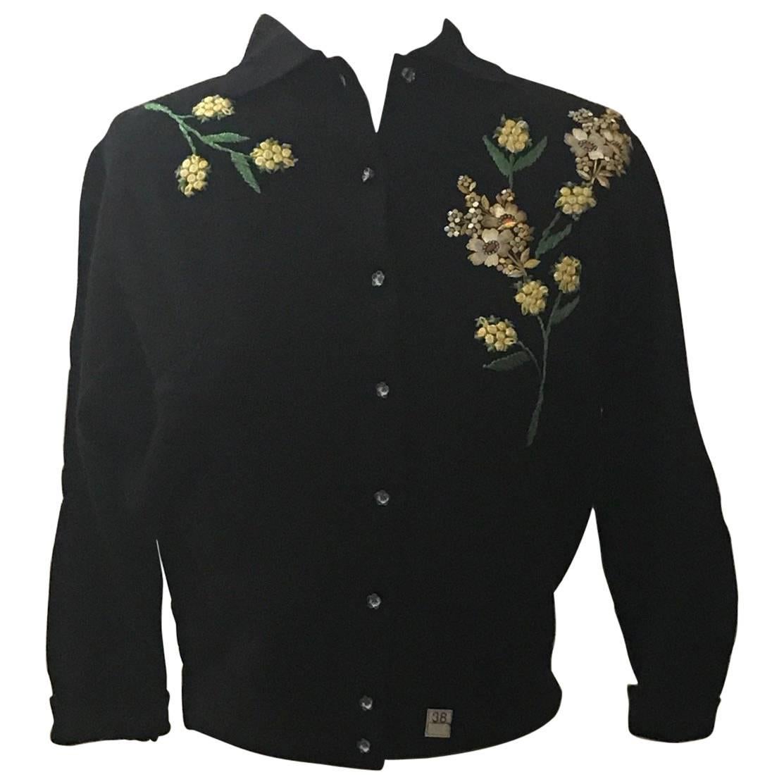 Schiaparelli 1960s Black Flower Button Yellow Floral Appliqué Cardigan Sweater