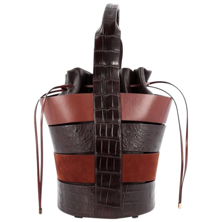Salvatore Ferragamo Cut-Out Bucket Bag Crocodile and Ostrich with Suede Medium