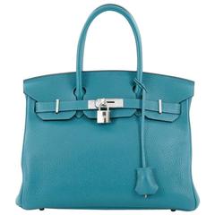 Hermes Birkin Handbag Blue Izmir Clemence with Palladium Hardware 30