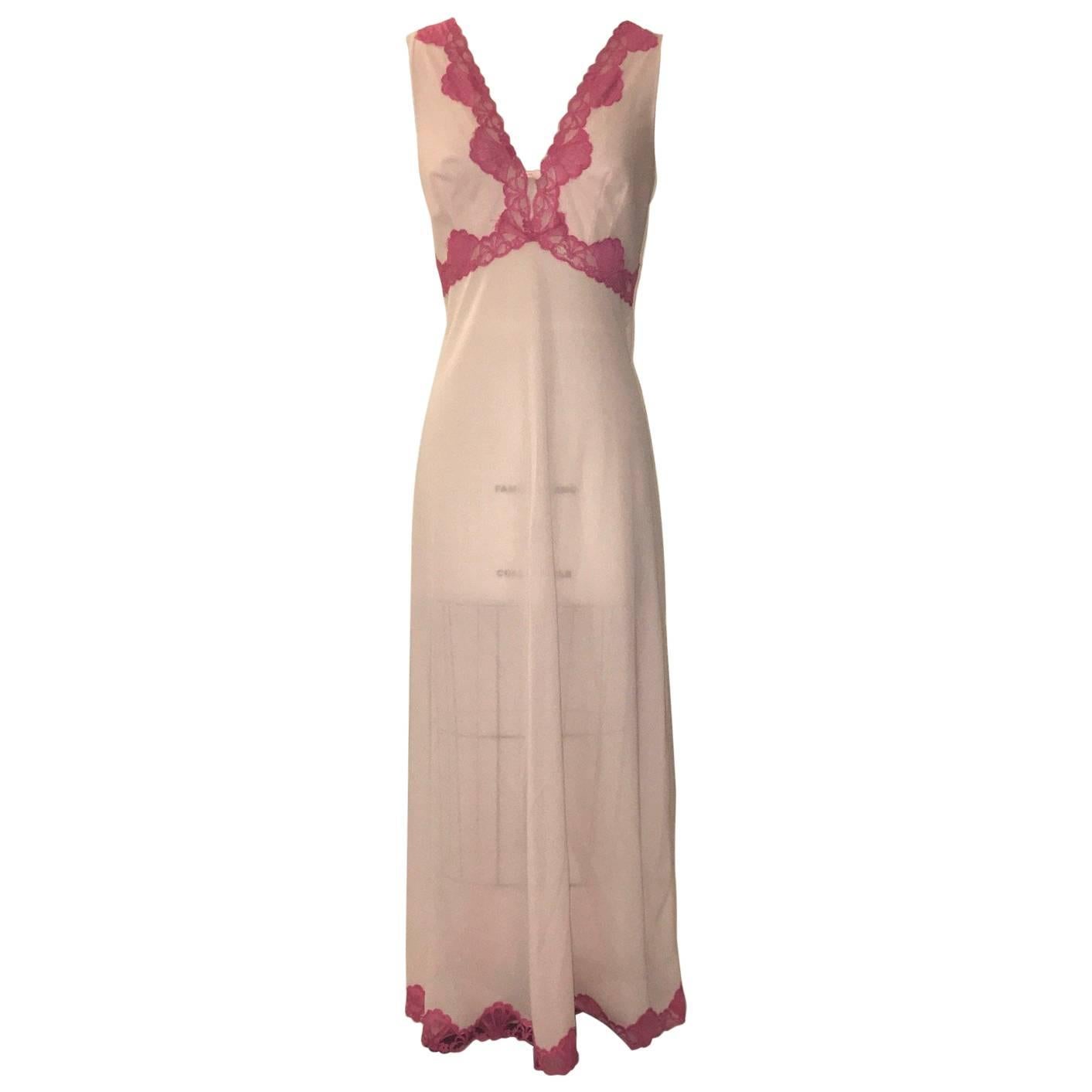 Emilio Pucci Pink Lace Trim Maxi Long Negligee Night Gown Slip, 1960s  