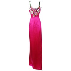 Retro Todd Oldham Fuchsia Silk Gown with Beaded Floral Neckline, Spring 1998
