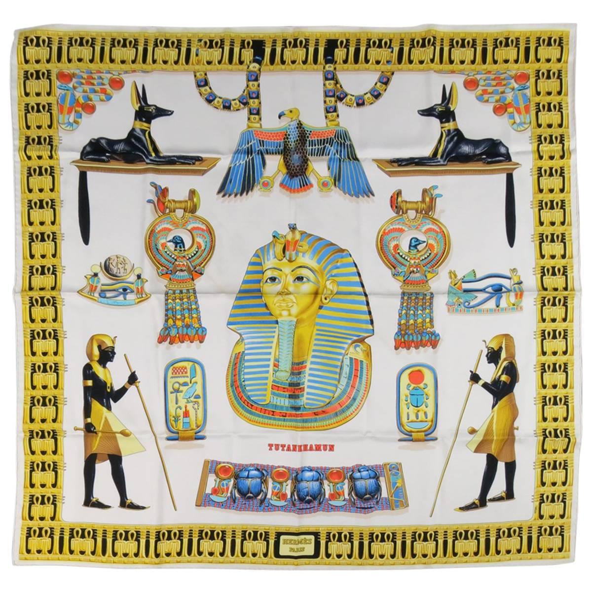 HERMES Cream & Gold Egyptian King Tut Print Silk Tutankhamun Scarf