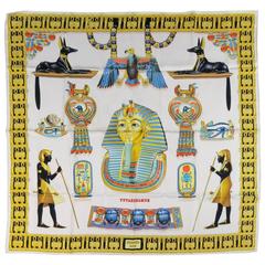 HERMES Cream & Gold Egyptian King Tut Print Silk Tutankhamun Scarf