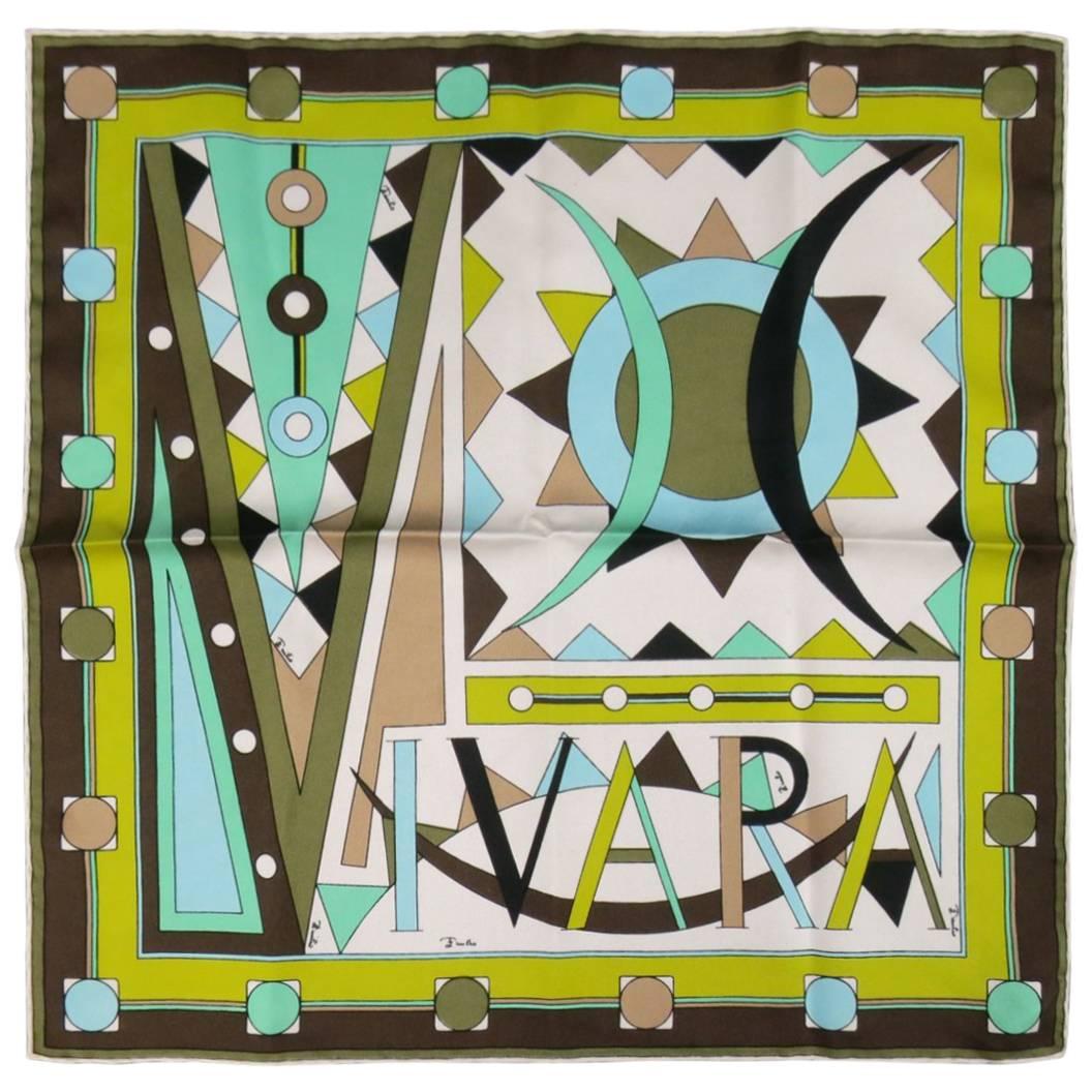 Vintage EMILIO PUCCI Green Teal & Brown Geometric VIVARA Silk Scarf