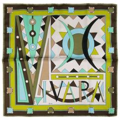 Vintage EMILIO PUCCI Green Teal & Brown Geometric VIVARA Silk Scarf