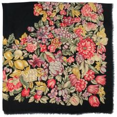 Vintage BOTTEGA VENETA Black Multi-color Floral Print Pasiley Textured Wool / Silk Shawl