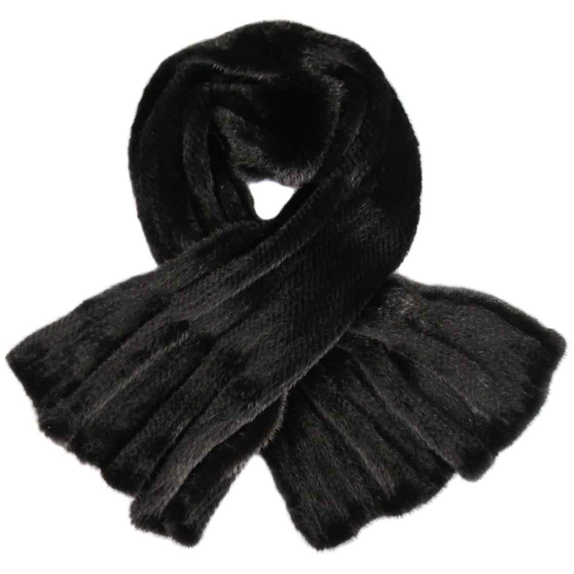 SAKS FIFTH AVENUE Fur Salon Black Knitted Mink Fur Scarf Shawl