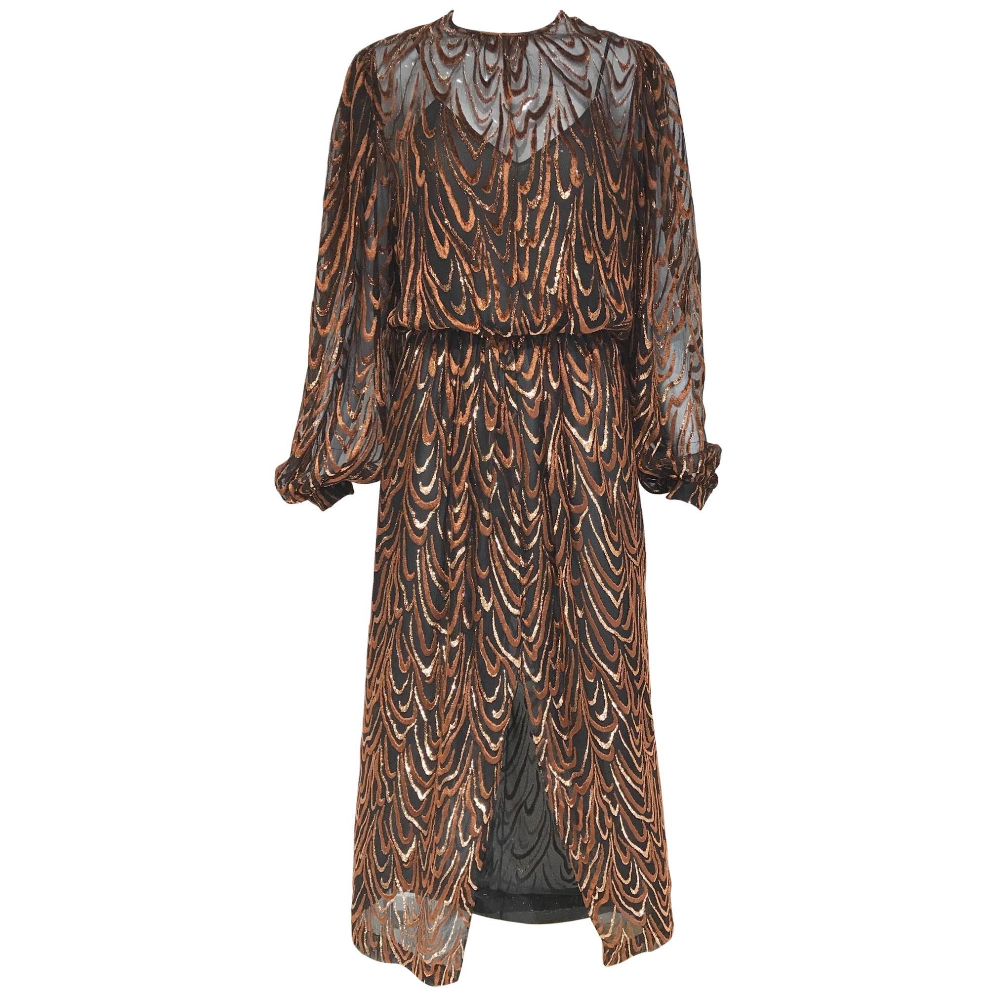 Vintage 1980s Oscar de la renta brown silk velvet devore long sleeve dress For Sale