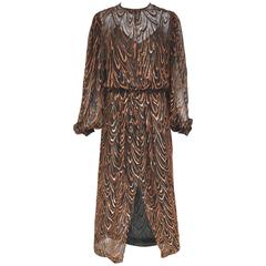80s Oscar de la renta brown silk velvet devore long sleeve dress 3