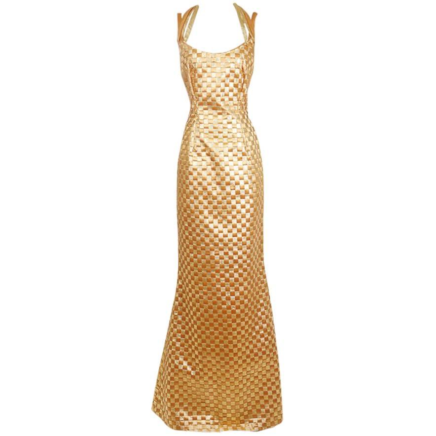 Todd Oldham Two Tone Gold Checkerboard Weave Gown,