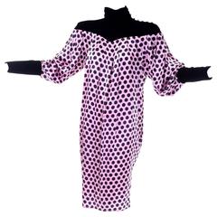 1980s Emanuel Ungaro Vintage Silk and Velvet Dress Pink Black Polka Dots 6