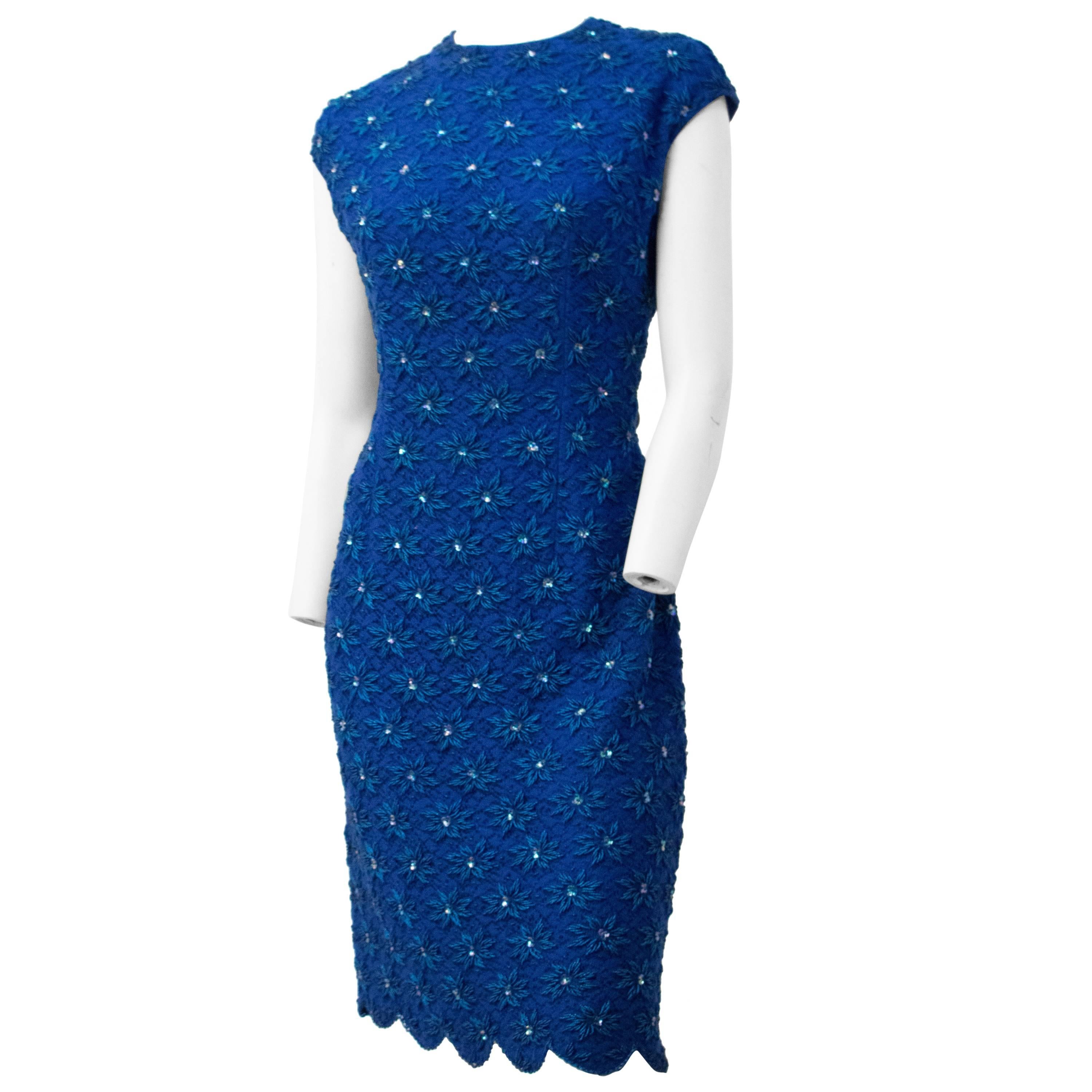 1960s Royal Blue Lace and Beaded Sheath Dress with Scallop Hem 