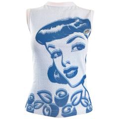 1990s Todd Oldham Op Art Blue + White Vintage Sleeveless Cotton Rhinestone Top 6
