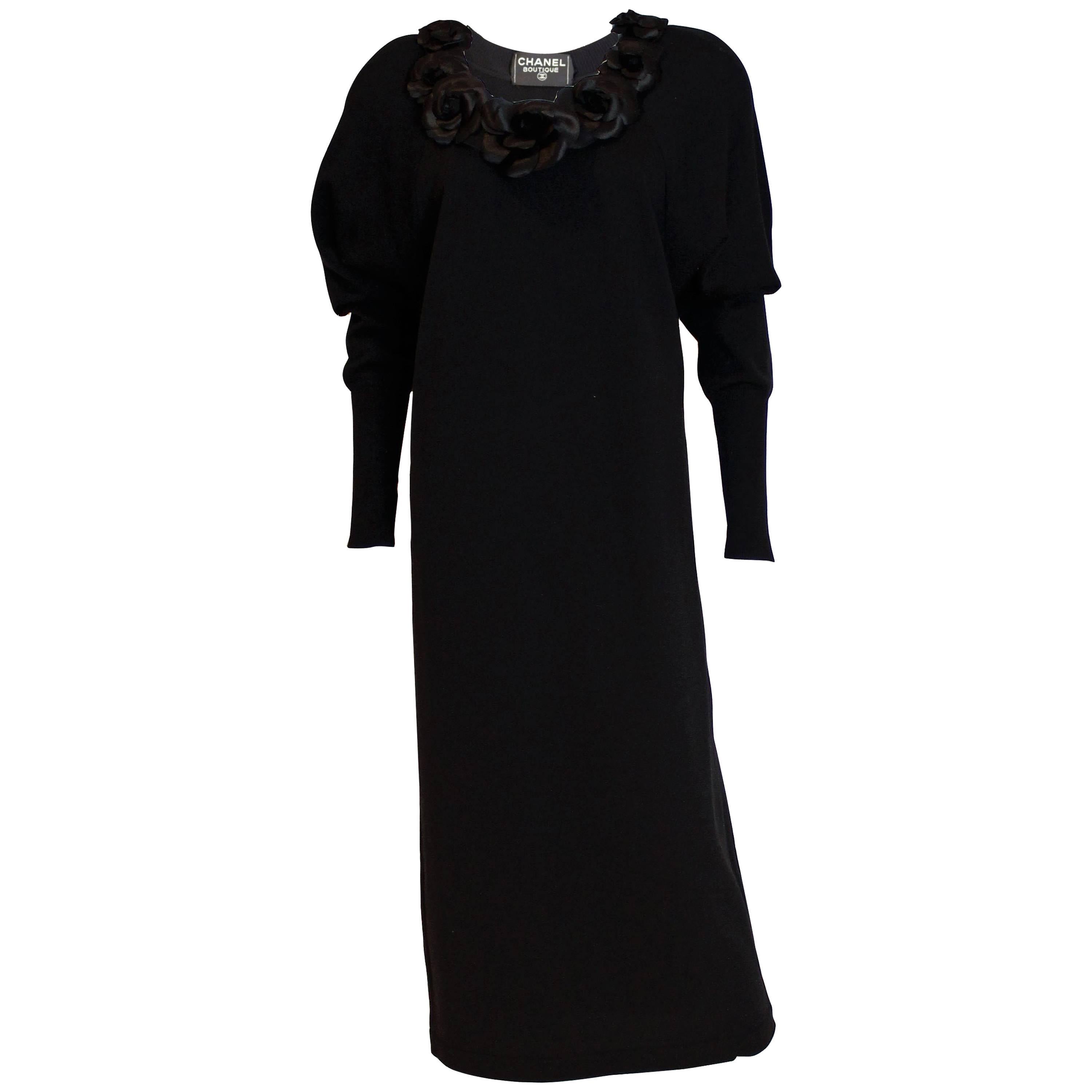 Chanel Boutique Black Sweater Dress with Silk Flowers