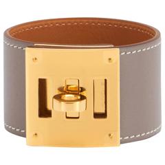 Hermes Etoupe Swift Kelly Dog Leather Cuff Bracelet with Gold Hardware