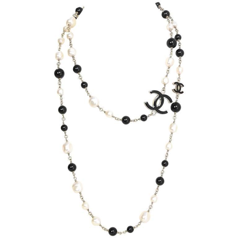 Chanel Black Bead and Ivory Faux Pearl CC 46 Necklace at 1stDibs