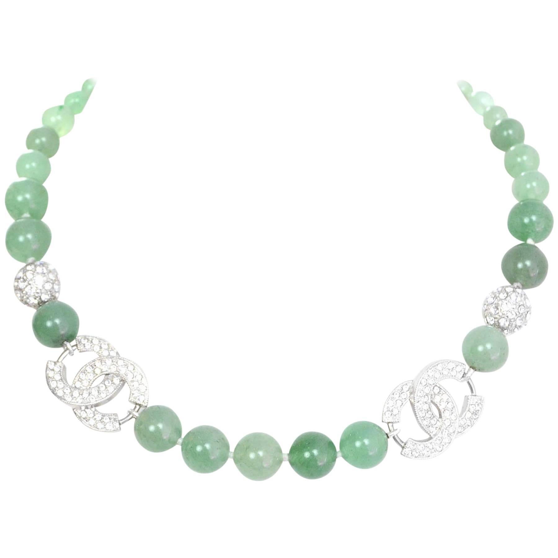 Chanel Faux Jade Green Beaded & Crystal CC Necklace