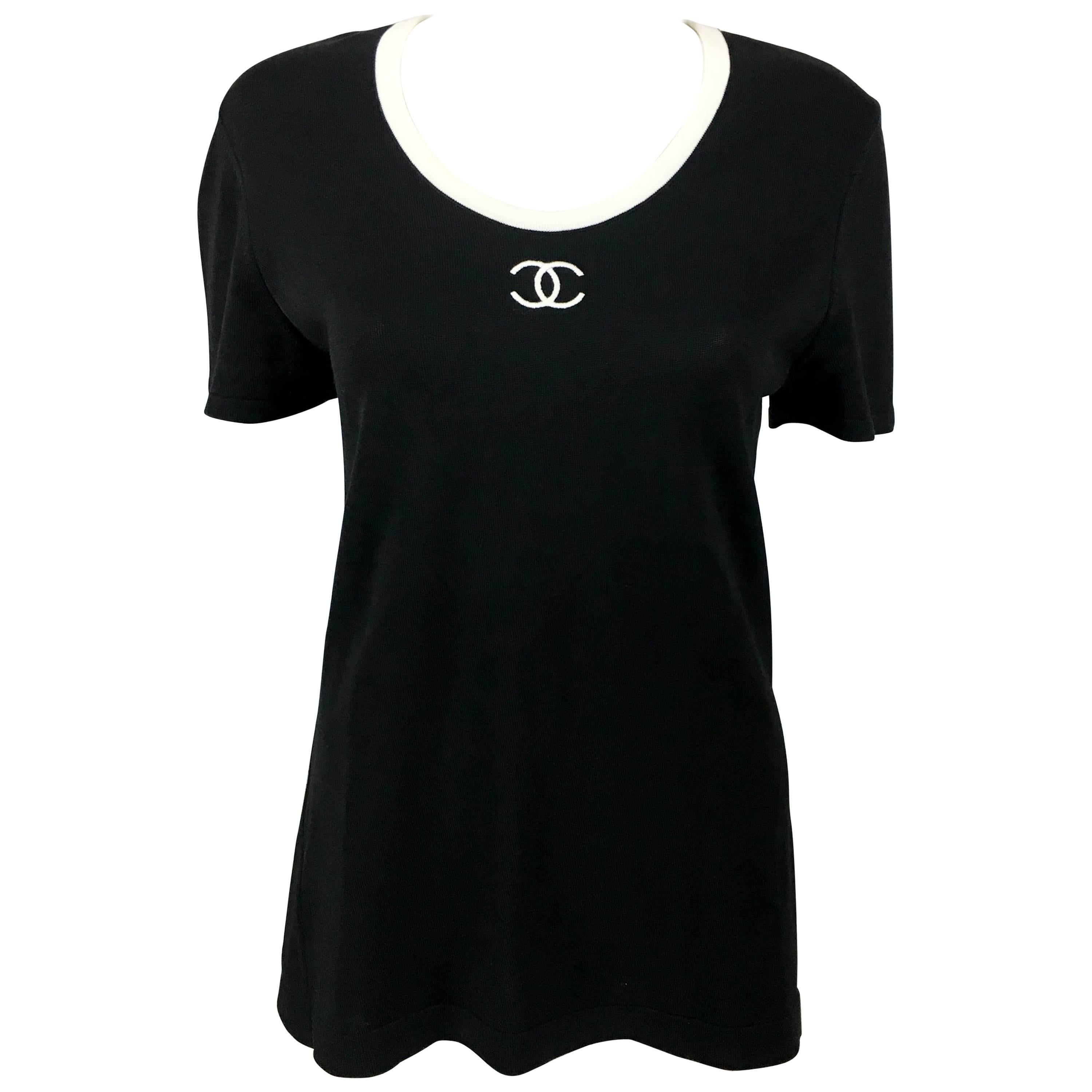 1990s Chanel Black Cotton Jersey T-Shirt With White Logo