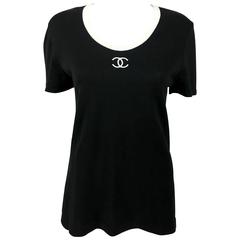 Vintage 1990s Chanel Black Cotton Jersey T-Shirt With White Logo