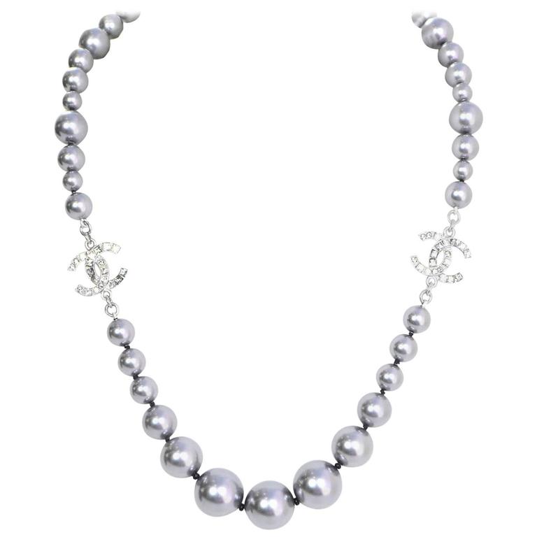 Chanel Grey Graduated Faux Pearl Crystal CC Choker Necklace For Sale at