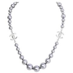 Chanel Grey Graduated Faux Pearl Crystal CC Choker Necklace