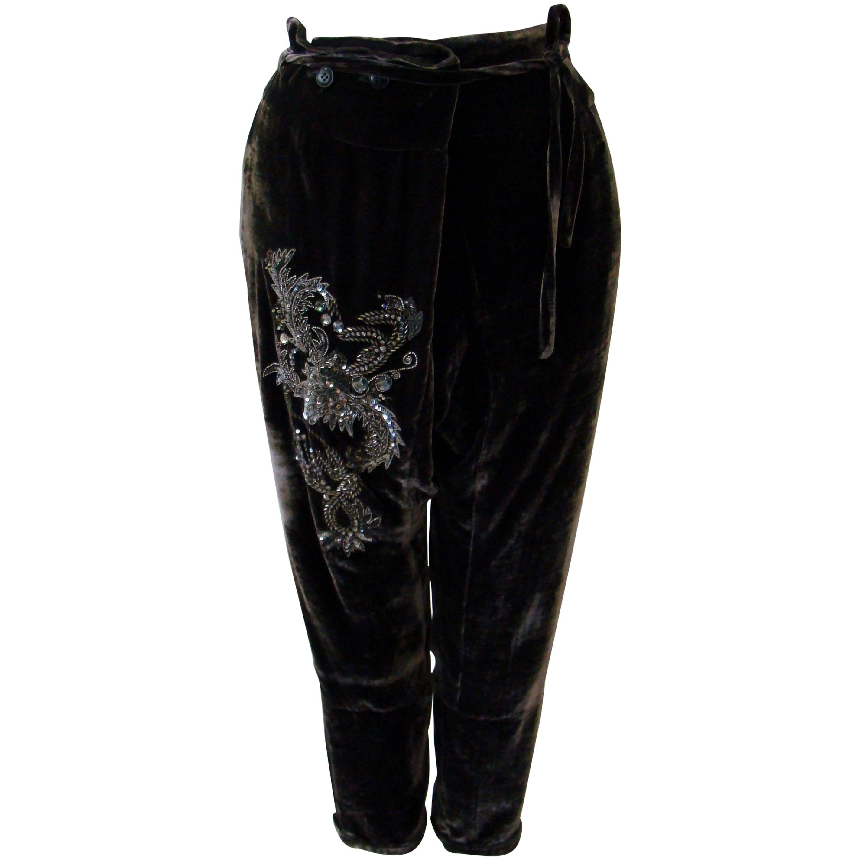 Pierre Balmain Haute Couture Velvet Pants With Crystal Embroidery Detail For Sale