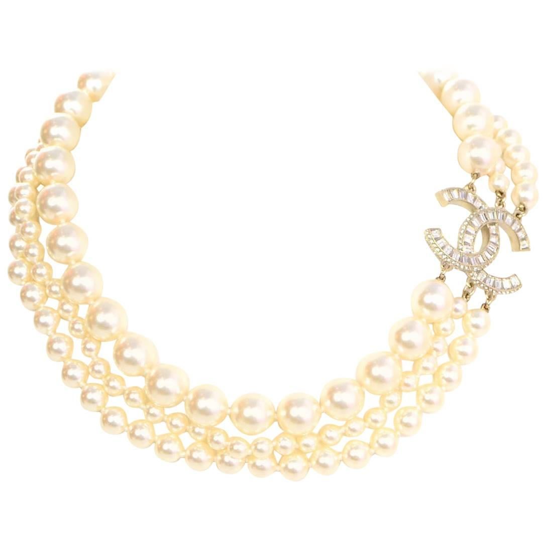 Chanel 3-Strand Faux Pearl & Crystal CC Choker Necklace