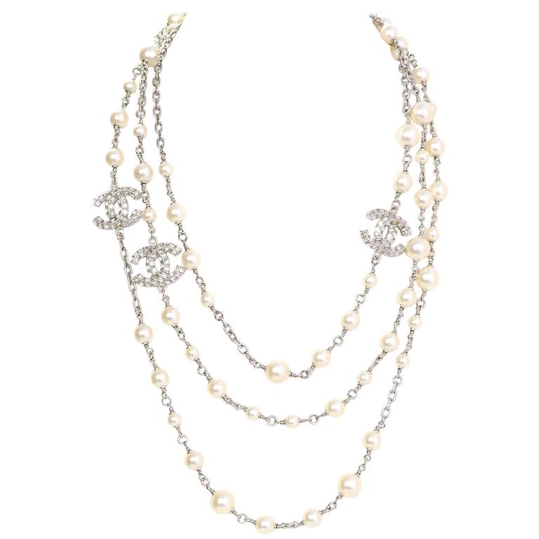 Chanel Silvertone Extra Long Faux Pearl and Baguette Crystal CC