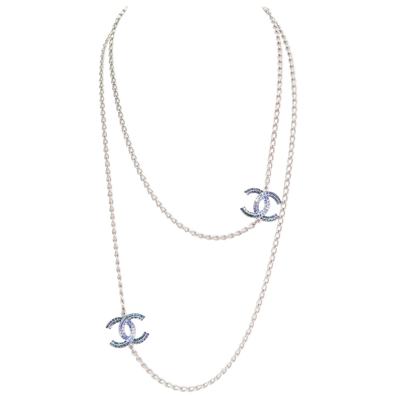 Chanel Long Silver Chain Link & Blue Ombre Crystal CC Necklace